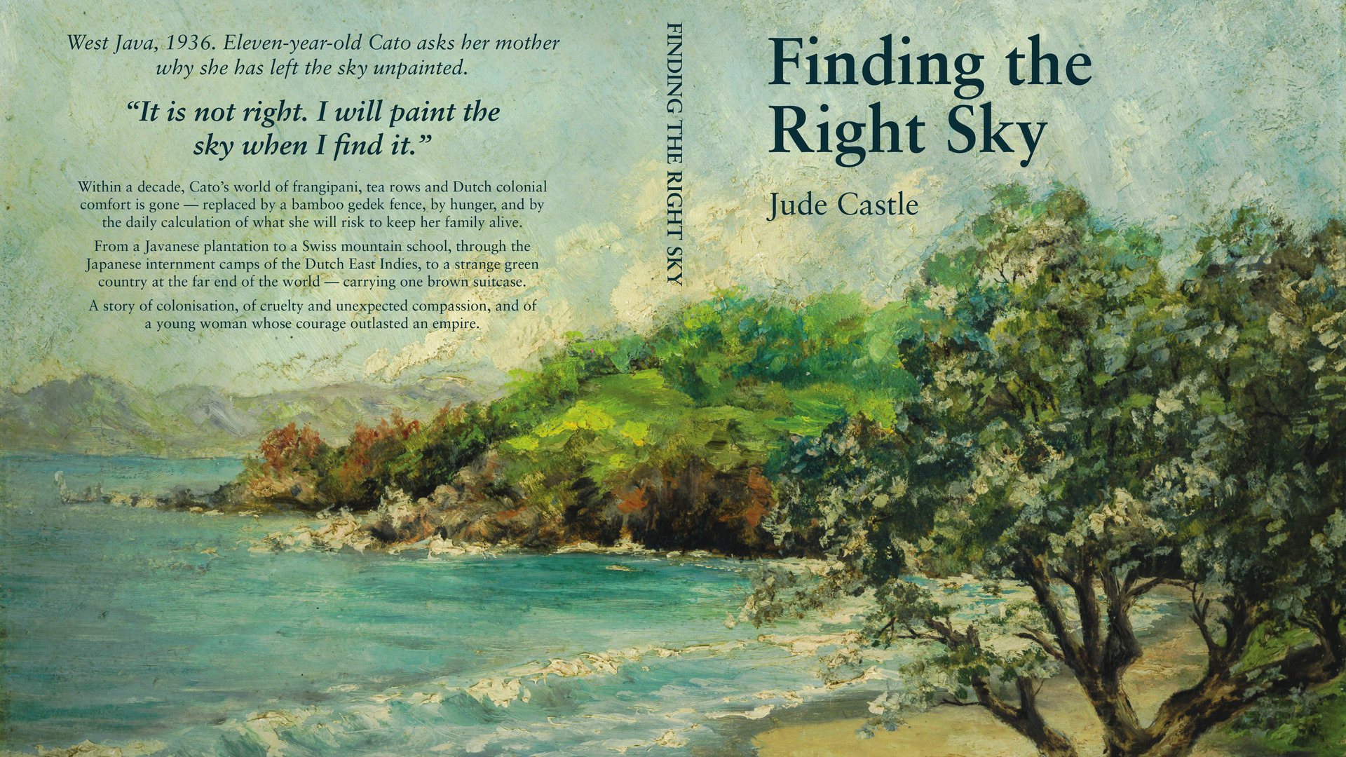 The full cover of Finding the Right Sky: an oil painting of a bay in West Java wrapping from back cover to front